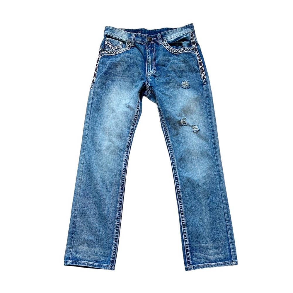 GS115 Men’s Straight Leg Slim Fit Jeans Distressed Thick Stitch Carnaby